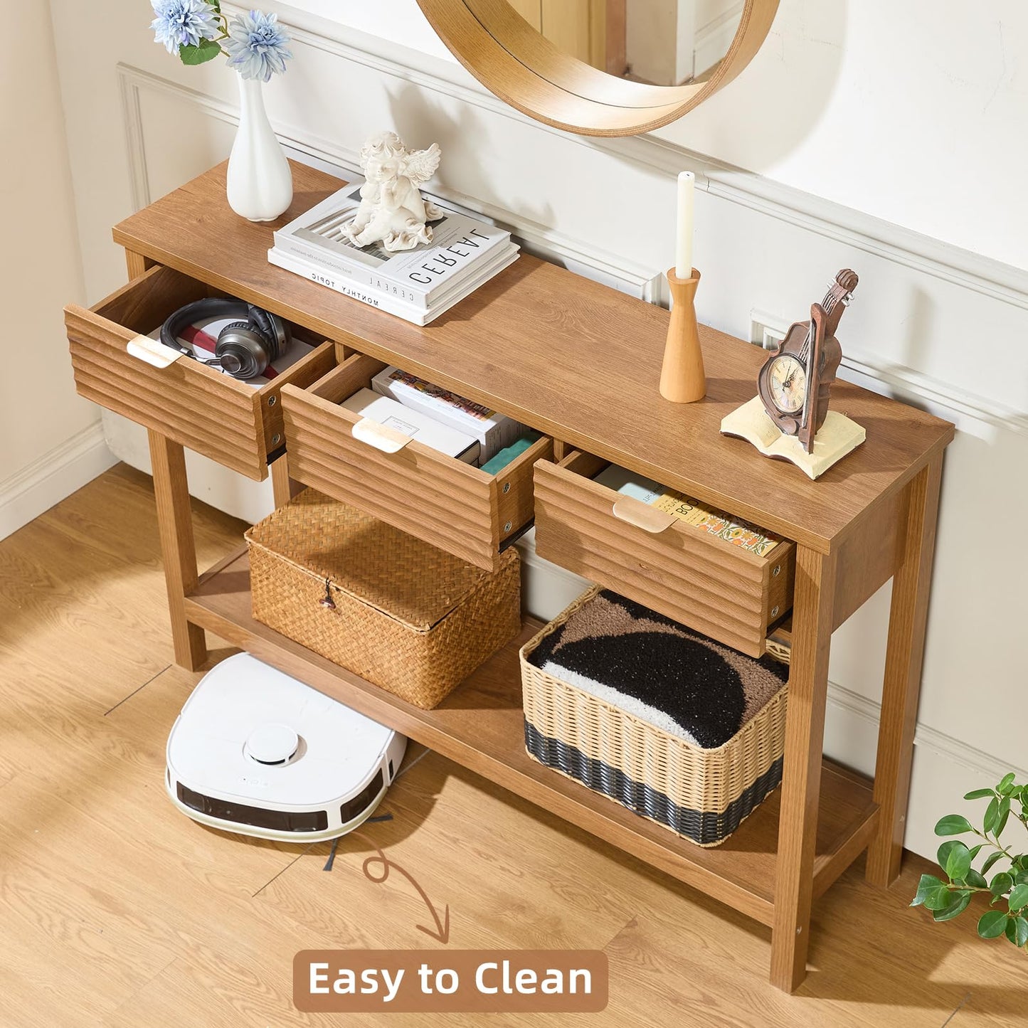 LEYAOYAO Fluted 47.2" Console Table with 3 Drawers, Modern Wood 2 Tier Entryway Table with Open Storage Shelf, Boho Sofa Entry Tables Behind Couch for Living Room, Hallway, Entrance Foyer, Tea Brown