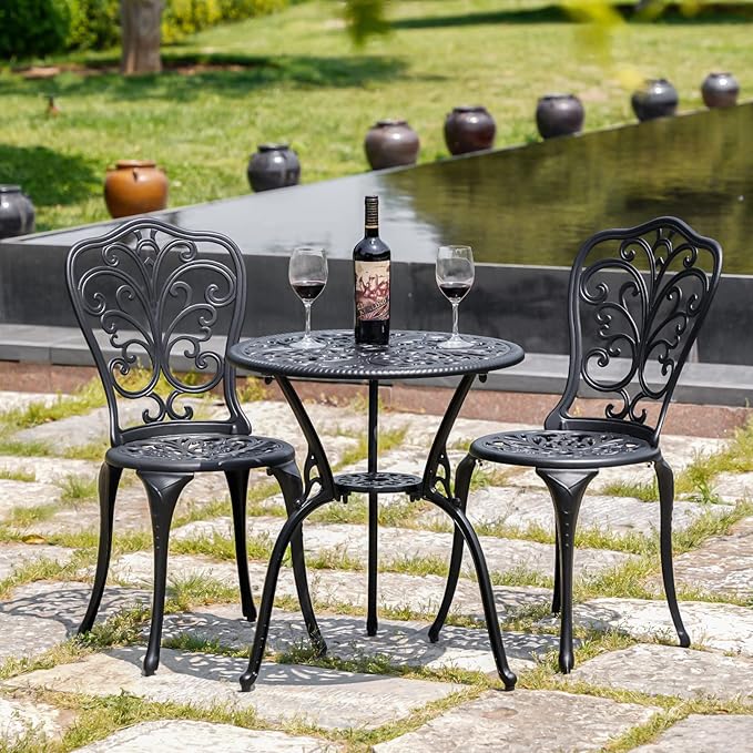 Withniture Outdoor Bistro Set 3 Piece Patio Bistro Set, Cast Aluminum Bistro Table and Chairs Set of 2, Small Patio Table Set for Porch, Black