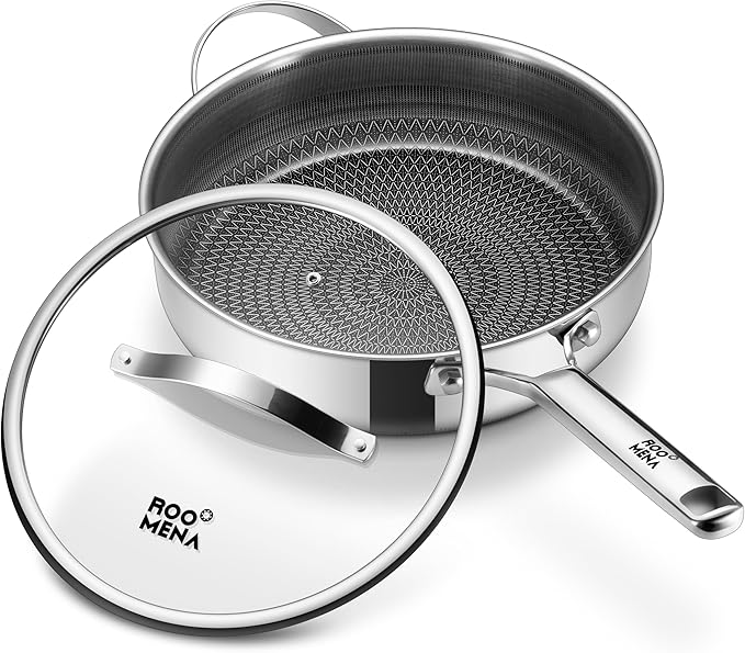 Saute Pan with Lid, Hybrid Ceramic Nonstick 12 Inch 5-Quart Tri-Ply Stainless Steel Skillet, PFAS/PFOA/PTFE Free, Metal Utensil Safe, Dishwasher & Oven Safe, Induction Compatible