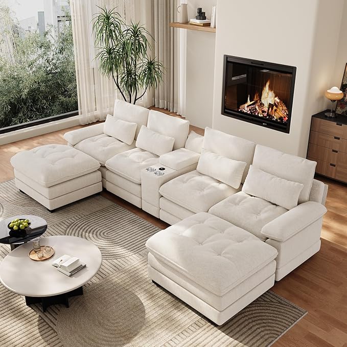 BEQAI 134"U Shaped Sectional Couches for Living Room, Oversized Modular Sectional Fluffy Couch with 2 Ottoman & Storage Console,Modern 6 Seat Living Room Sofa with Glitter Fabric,Tufted Buttons, Beige