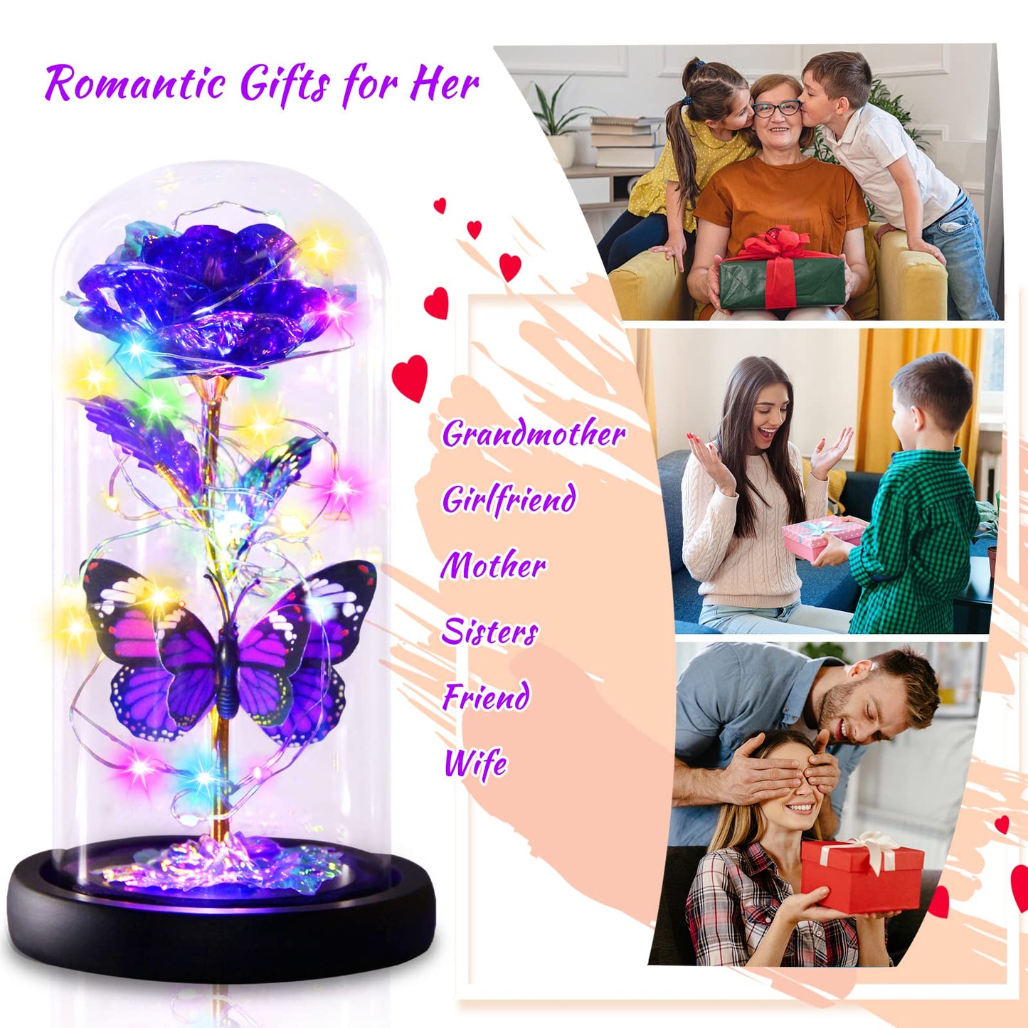 Purple Butterfly Rose Flower Birthday Gifts - Women Gifts for Her Mothers Day Valentines Anniversary Christmas Thanksgiving - Light Up Rose Flower Gifts for Mom Wife Grandma Girlfriend Daughter Sister