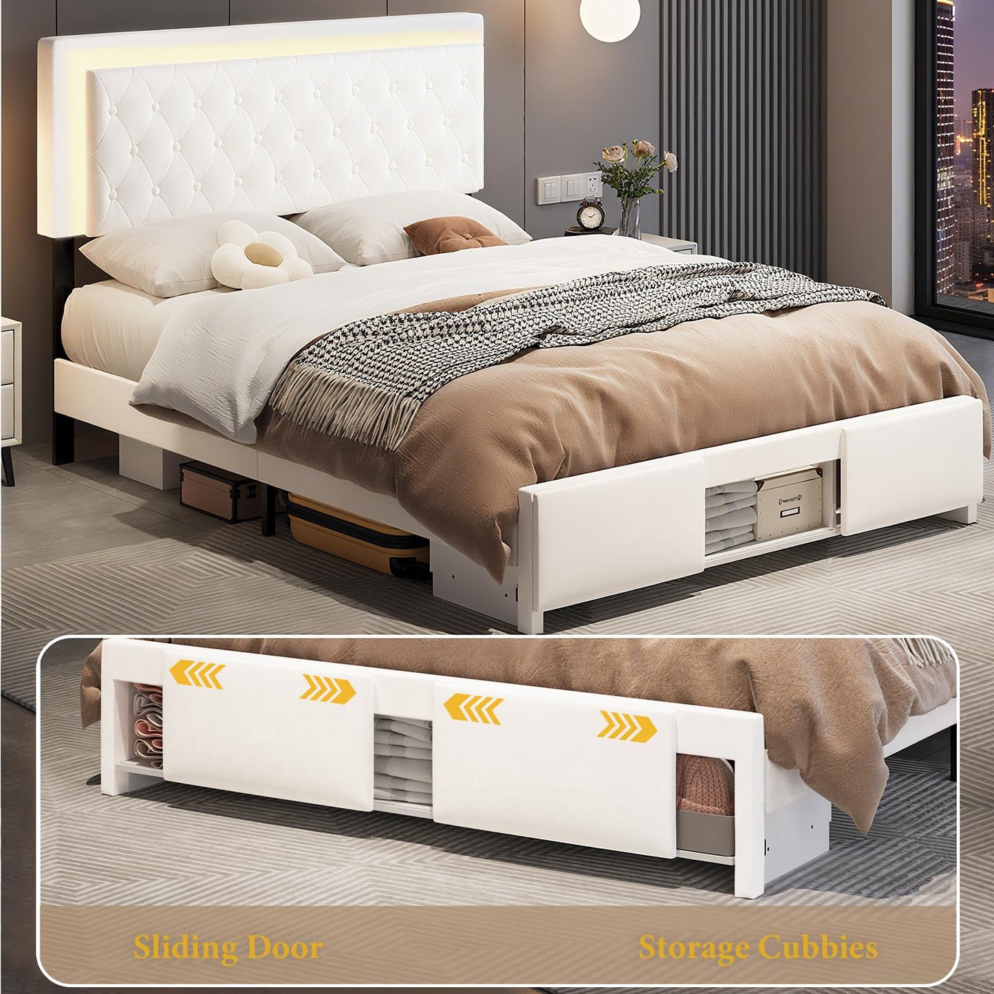 Queen Bed Frame with Sliding Barn Door Storage Cabinets,Bed Frame Queen Size Button Tufted Platform with Adjustable Comfortable Headboard,LED Lights,Charging Station,Solid Wooden Slats,Noiseless