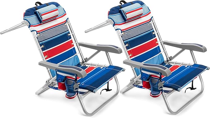 Homevative Cooler+ Folding Backpack Beach Chair with 5 Positions, Towel bar, XL Cooler Pouch, Storage Net, Cup and Phone Holder, Fireworks, 2 Pack