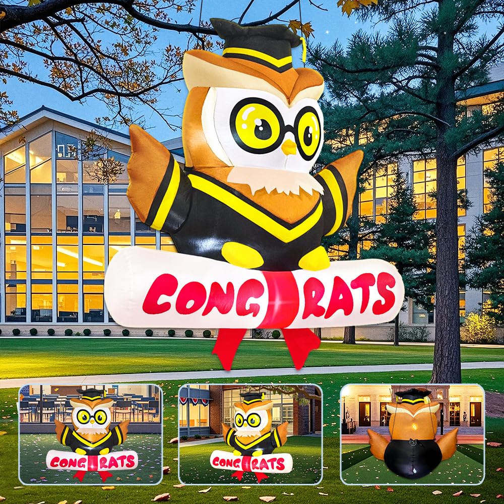 KOOY 4FT Inflatable Graduation Decorations with LED Lights – Blow Up Graduation Yard Sign, Inflatable Graduation Owl Grad Decor for Party College, Perfect for Yard Event Decor