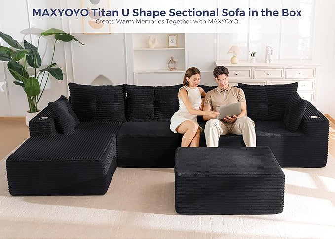 MAXYOYO 132" Giant U-Shaped Modular Sectional Couch, Modern Boneless Couch for Living Room, Sofa in A Box, Oversized Sofa Sleeper with Deep Seat, No Assembly Required, Black