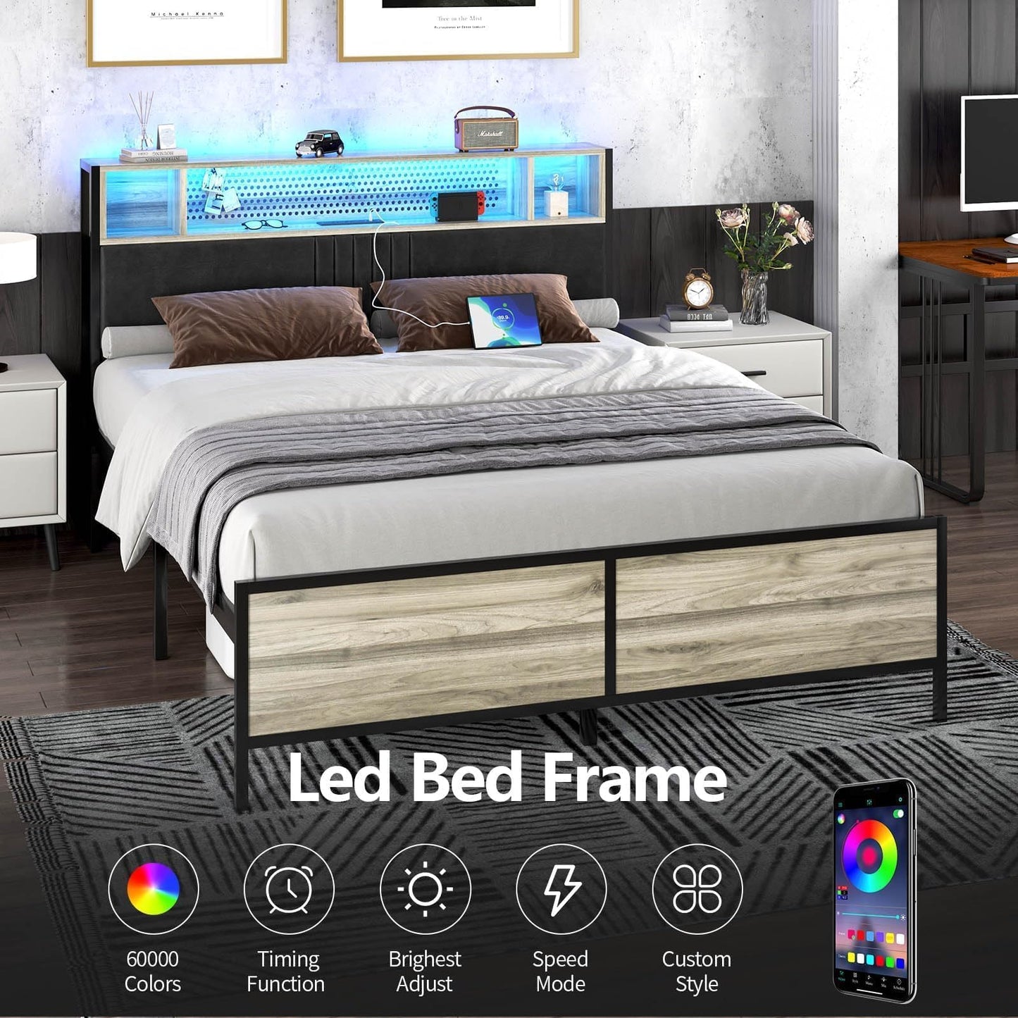 Queen Bed Frame with LED Lights and Charging Station, Upholstered Platform Bed Frame Full with Storage, Strong Metal Slats Support, No Box Spring Needed, Noise-Free, Easy Assembly, Wash Grey