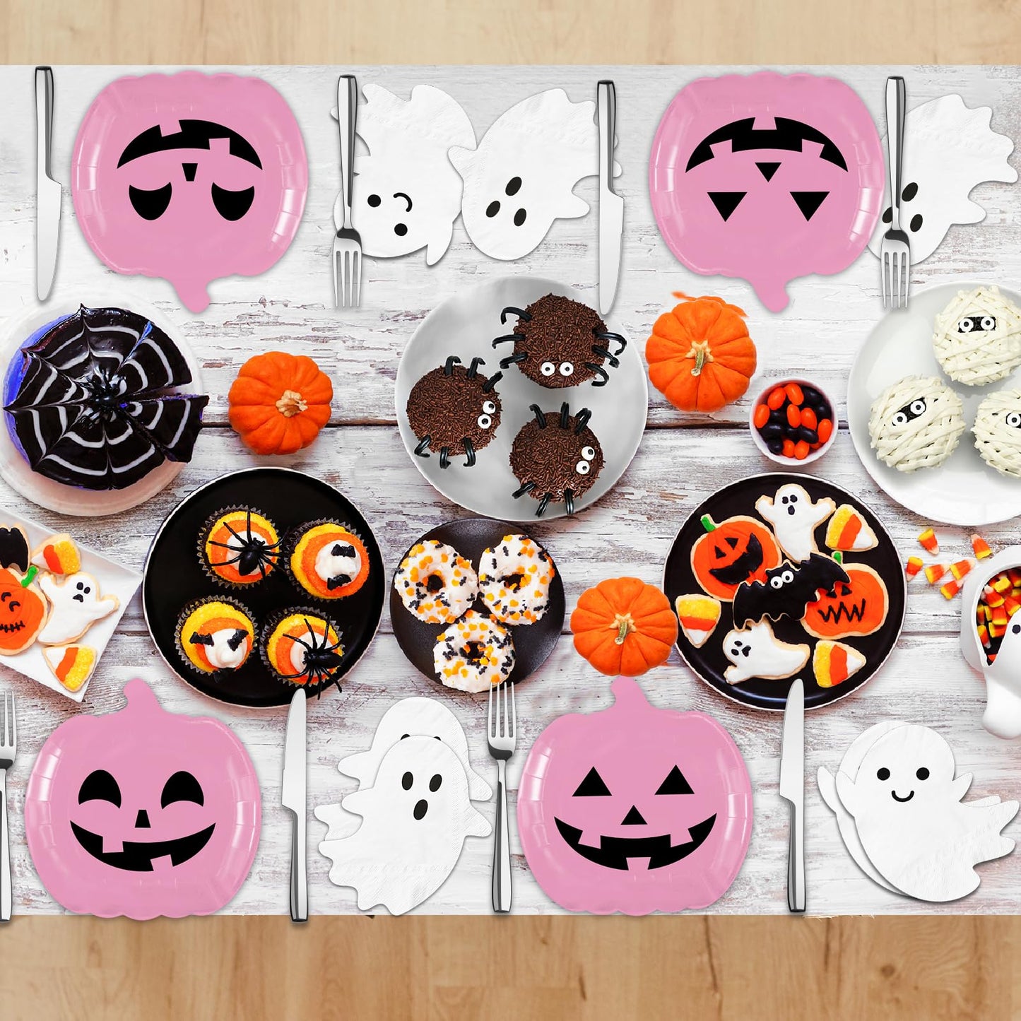 OGMOGKW Halloween Plates and Napkins,60pcs Pink Pumpkin Plates and Ghost Napkins Tableware Includes Cute Grimace Paper Plates and Spooky Napkins for Kids Birthday Pink Halloween Party Decorations