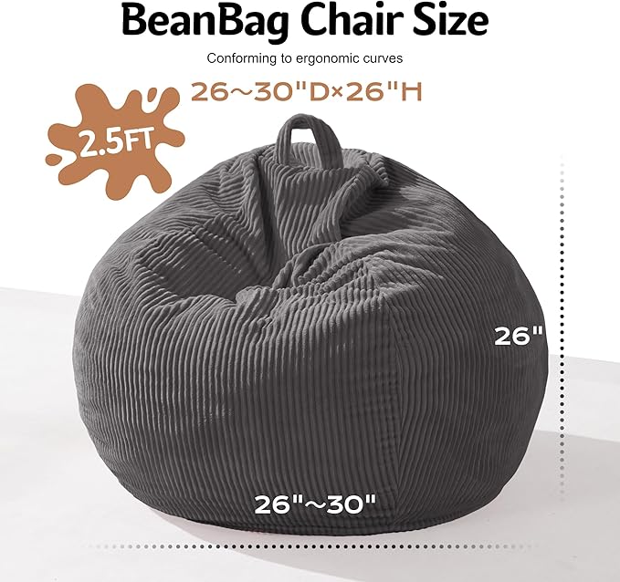 Homguava 2FT Bean Bag Chair,Teardrop Bean Bags Small Beanbag Chair with Memory Foam Filled and Ultra Soft Corduroy Cover for Living Room, Bedroom (Grey)