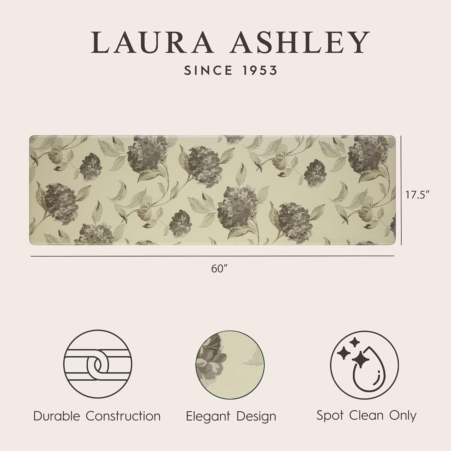 Laura Ashley – Anti-Fatigue Kitchen Mat | Hydrangea Floral Design | Stain, Water & Fade Resistant | Cooking & Standing Relief | Non-Slip Backing | Measures 17.5” x 60"| Grey Hydrnga