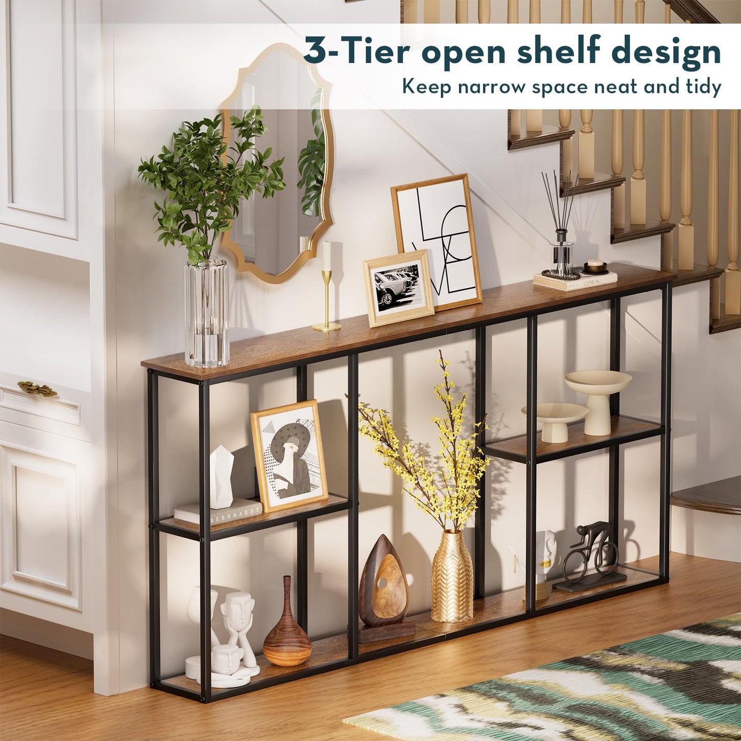 WOHOMO Console Table,3-Tire Small Entryway Tables,Narrow Sofa Table for Hallway,Rustic Brown(63 inch)