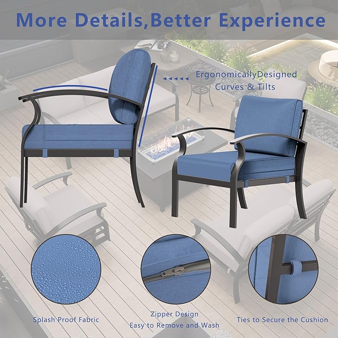 RTDTD Aluminum Outdoor Patio Furniture Set,4 Pieces 7 Seats Patio Conversation Sets with 45" Propane Fire Pit Table,Metal Patio Sectional Furniture Set w/5.1" Cushions,Navy Blue