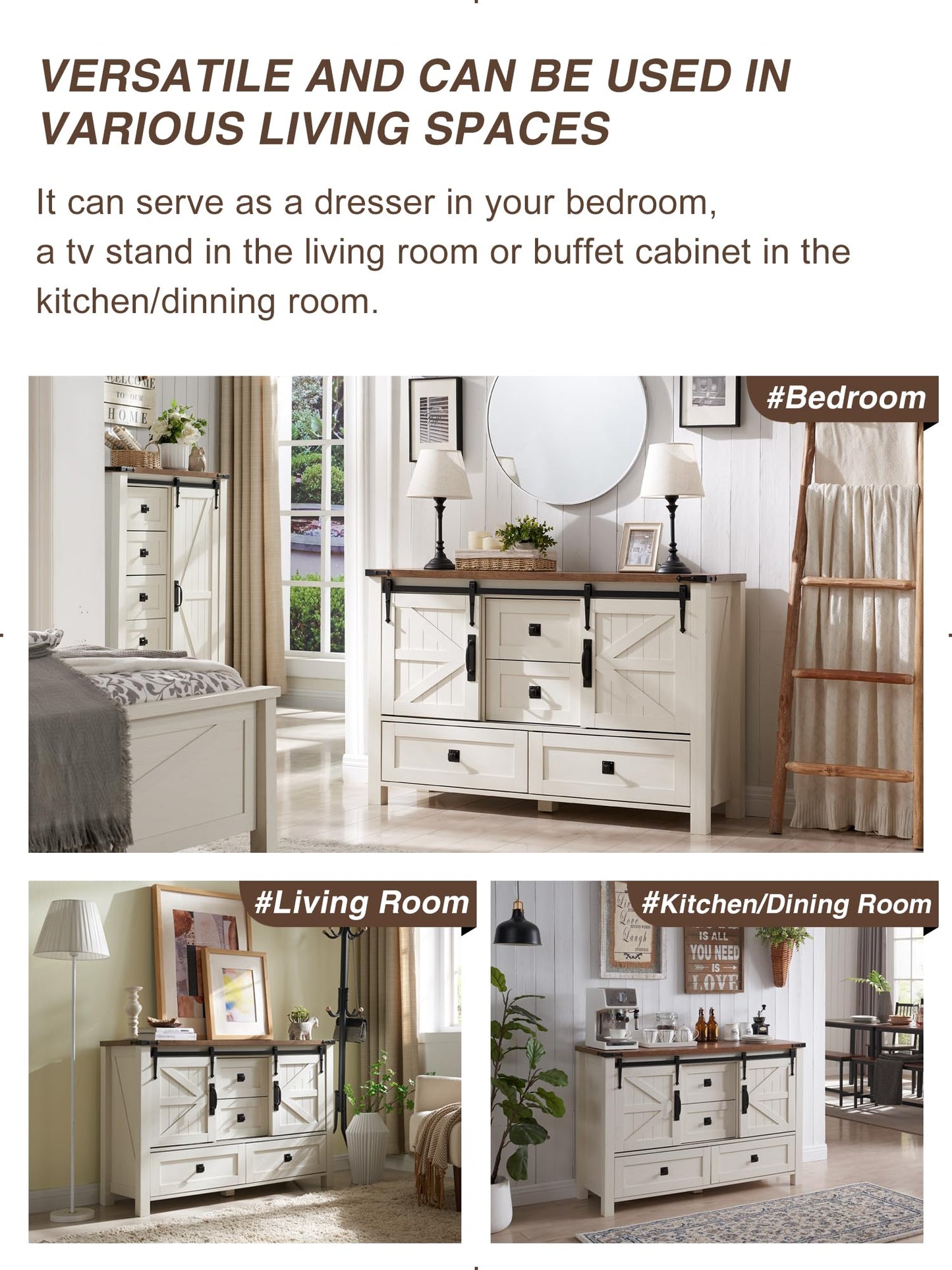 T4TREAM Farmhouse Dresser for Bedroom w/4 Drawers & Sliding Barn Doors, 48'' Wide Chest of Drawers, Rustic Dresser TV Stand w/Shelf, Organizer for Bedroom, Living Room, Entryway, Antique White