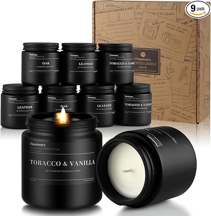 9 Pack Scented Candles Set Gifts for Men, Aromatherapy Candle Set with Scents (Leather/Vanilla/Oak) - Gift for Dad, Boyfriend, Birthday, Father’s Day, Anniversary