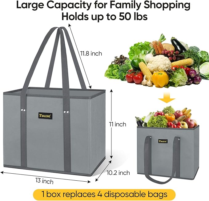 BALEINE 3Pk Reusable Grocery Bags, Foldable Shopping Bags for Groceries with Reinforced Bottom & Handles (Color Stripe)