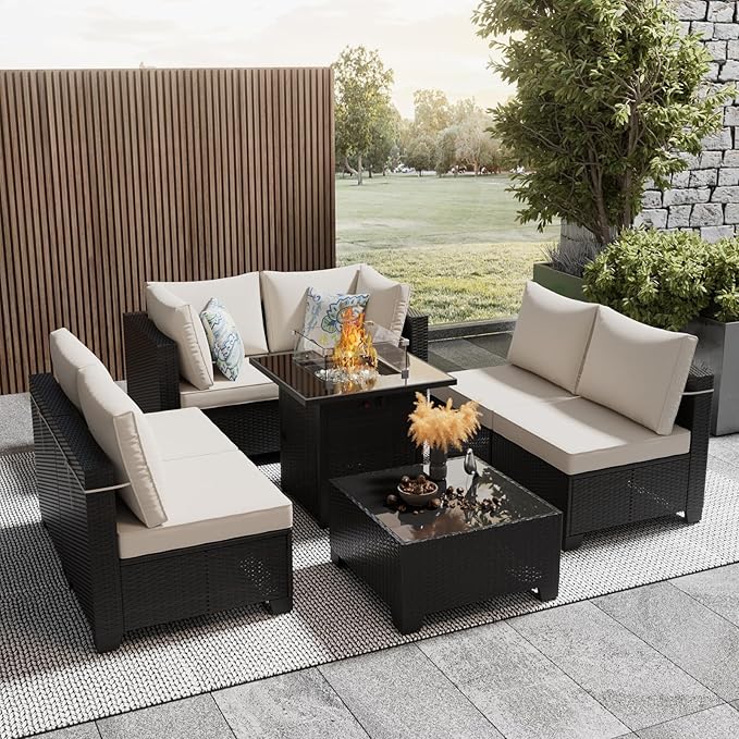 Ophelian 8 Piece Patio Furniture Set with Fire Pit Table, Wicker Outdoor Sectional Sofa Set, Conversation Sets with Thick Anti-Slip Cushions for Backyard, Garden, Deck, (Brown/Beige)