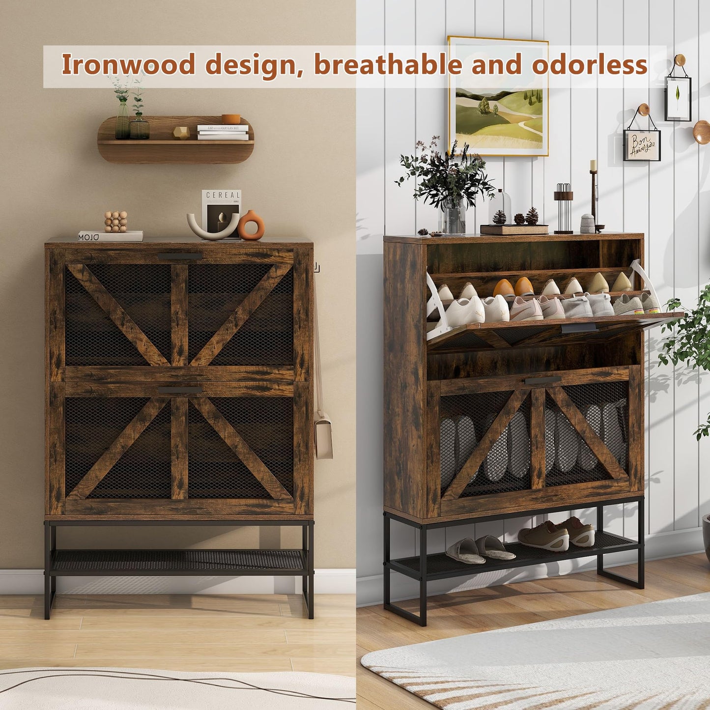 LYNCOHOME Shoe Storage Cabinet with 2 Flip Drawers, Farmhouse Shoe Organizer for Entryway/Hallway, Freestanding Shoe Rack Cabinet with Wire Netting and Steel Legs, Rustic Brown