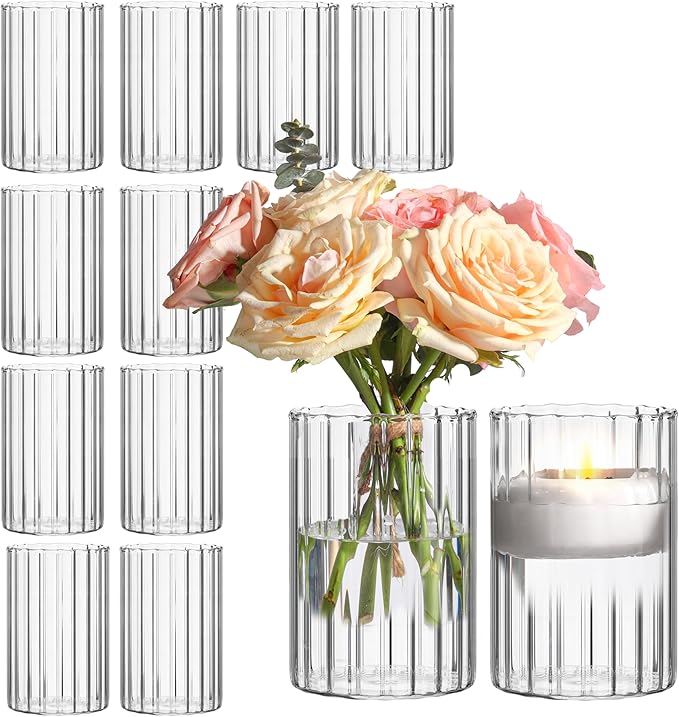 ComSaf Glass Cylinder Vases Pack of 12, Clear Ribbed Bud Vases for Centerpieces Weeding Decoration, 6 inch Tall Clear Flow...
