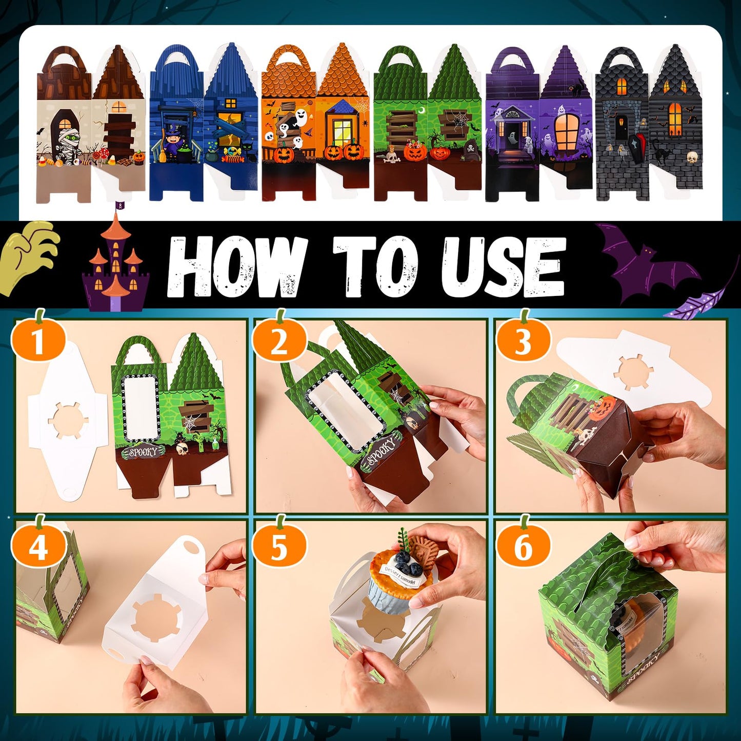 Qeeenar 60 Pieces Halloween Cupcake Boxes Halloween Individual Carriers Party Boxes with Clear Window for Cupcake Candies Gifts Wrap Dessert Table Decoration