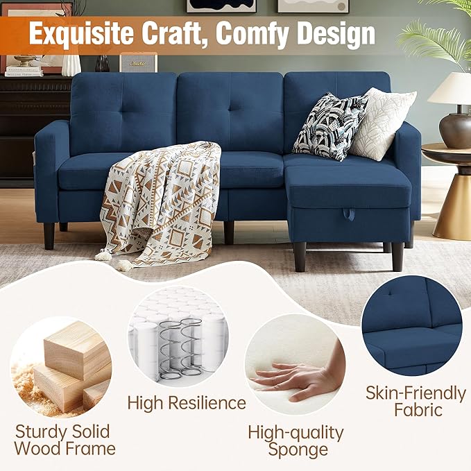 Pingliang Home 80" Convertible Sectional Sofa Couch with Movable Ottoman, 3 Seats Sectional Sofas L Shaped Couch for Small Spaces, Soft Fabric Couch for Living Room (Blue)
