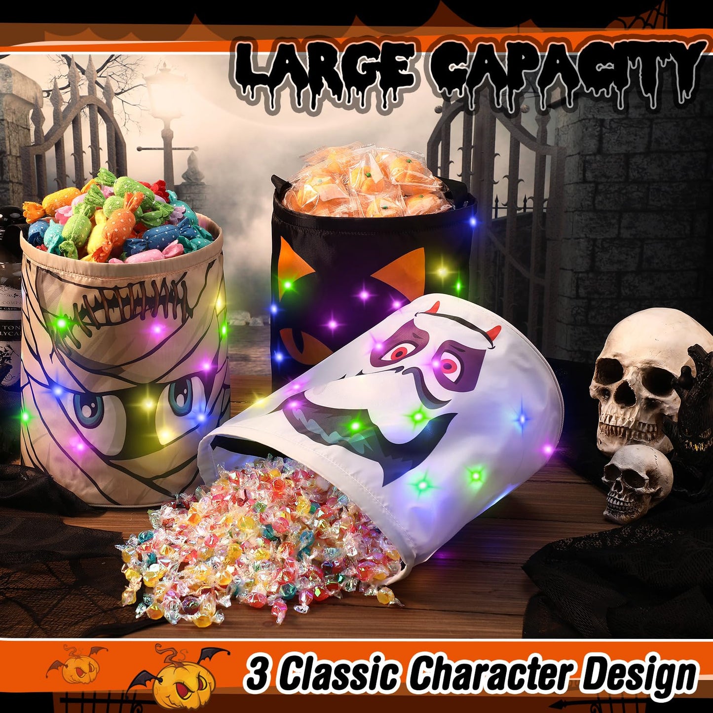 Sanwuta 3 Pcs Lighted Halloween Trick or Treat Bucket 10 x 10.5 Inches LED Spooky House Castle Bag Reusable Goody Candy Bucket for Kids Trick or Treat Halloween Birthday Party Favor Supplies(Novelty)