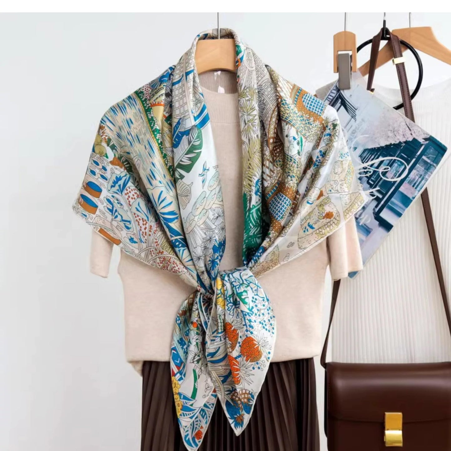 ANDANTINO 100% Silk Scarf 43" Large Square Lightweight Headscarf& Shawl–Women Hair Wraps-With Gift Packed (Beige&Blue)