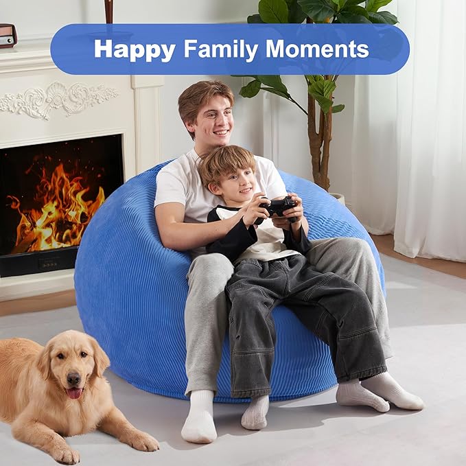 Homguava 3.5FT Bean Bag Chair: Teardrop Bean Bags with Memory Foam Filled, Compact Beanbag Chairs Soft Sofa with Corduroy Cover (Blue)