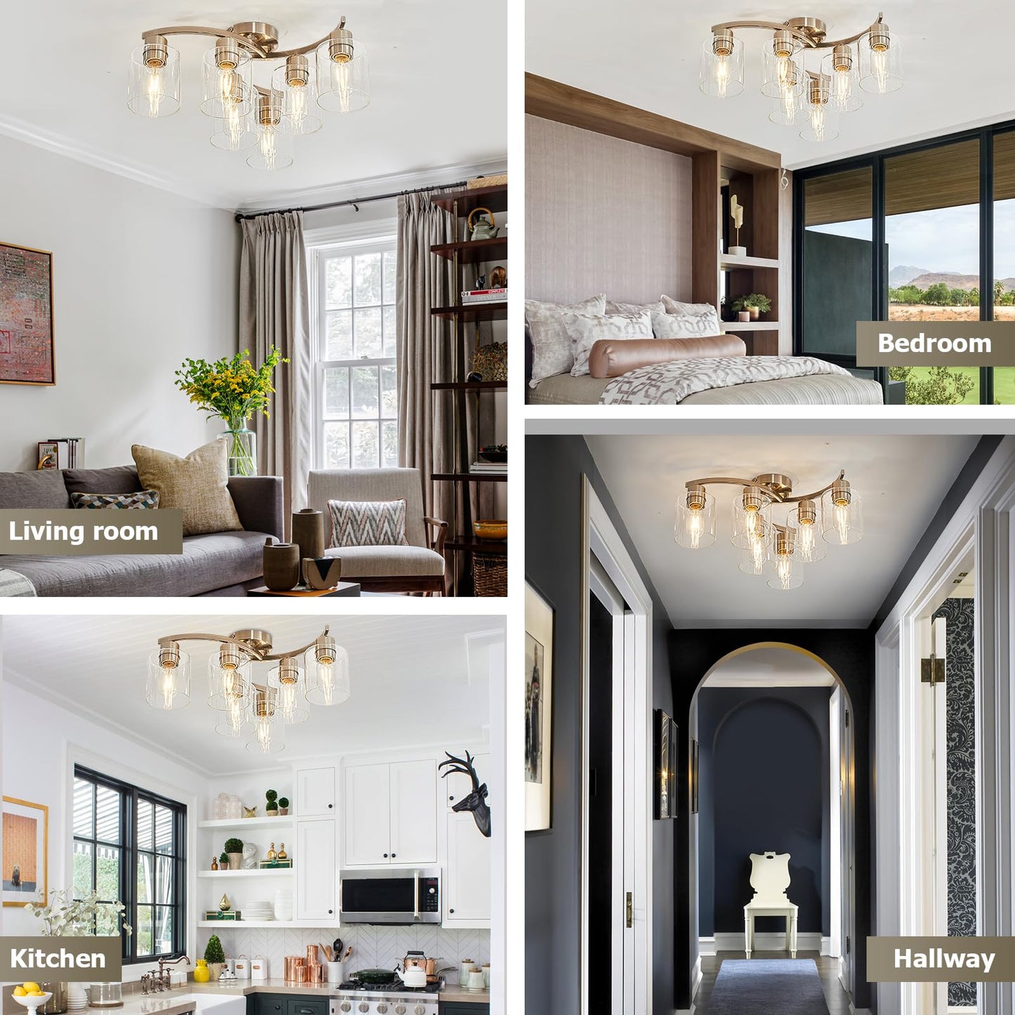 Brushed Nickel Flush Mount Ceiling Light, Kitchen Lighting Fixtures Ceiling, 6-Light Dining Room Light Fixture with Clear Glass Shade, Modern Ceiling Light Fixture for Bedroom, Living Room, Entryway