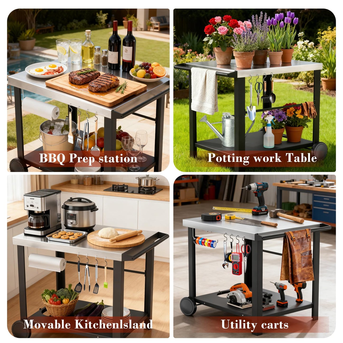 34" x 24" Movable Stainless Steel Flattop Grill Cart for Ninja Woodfire & Blackstone Griddles, Pizza Oven Table for Outside, Extra-Wide Stainless Steel Cart with Wheels for Kitchen Food Prep Table