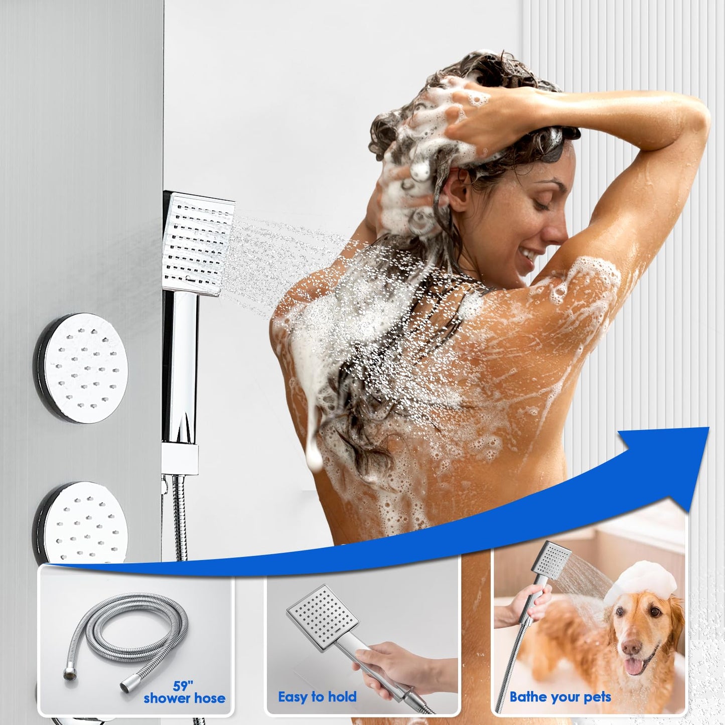 ROVOGO Shower Panel Tower System with Led Lights, 2-Mode Shower Head, 3 Body Jets, Handheld and Tub Spout, 46.5" Stainless Steel Shower Column with Mixer Valve, Brushed