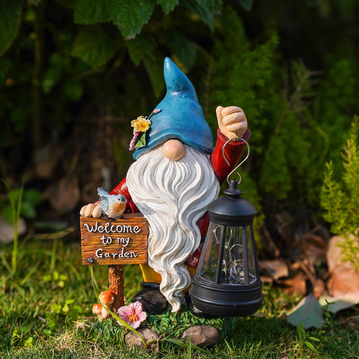 C&Y&G&X Solar Garden Gnome Statue – Waterproof Outdoor Decor with Solar Lantern LED Lights and Welcome Sign for Yard, Lawn, Patio – Ideal Gift for Grandma Mom Women