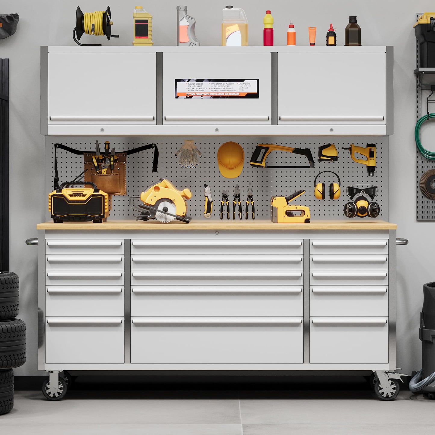 IDEALHOUSE 72 inch Rolling Tool Chest, Garage Workbench with 15 Drawers, Solid Rubber Wood Top & with Wheels Lock Key Locking, Mobile Workstation Tool Cabinet for Workshop Storage
