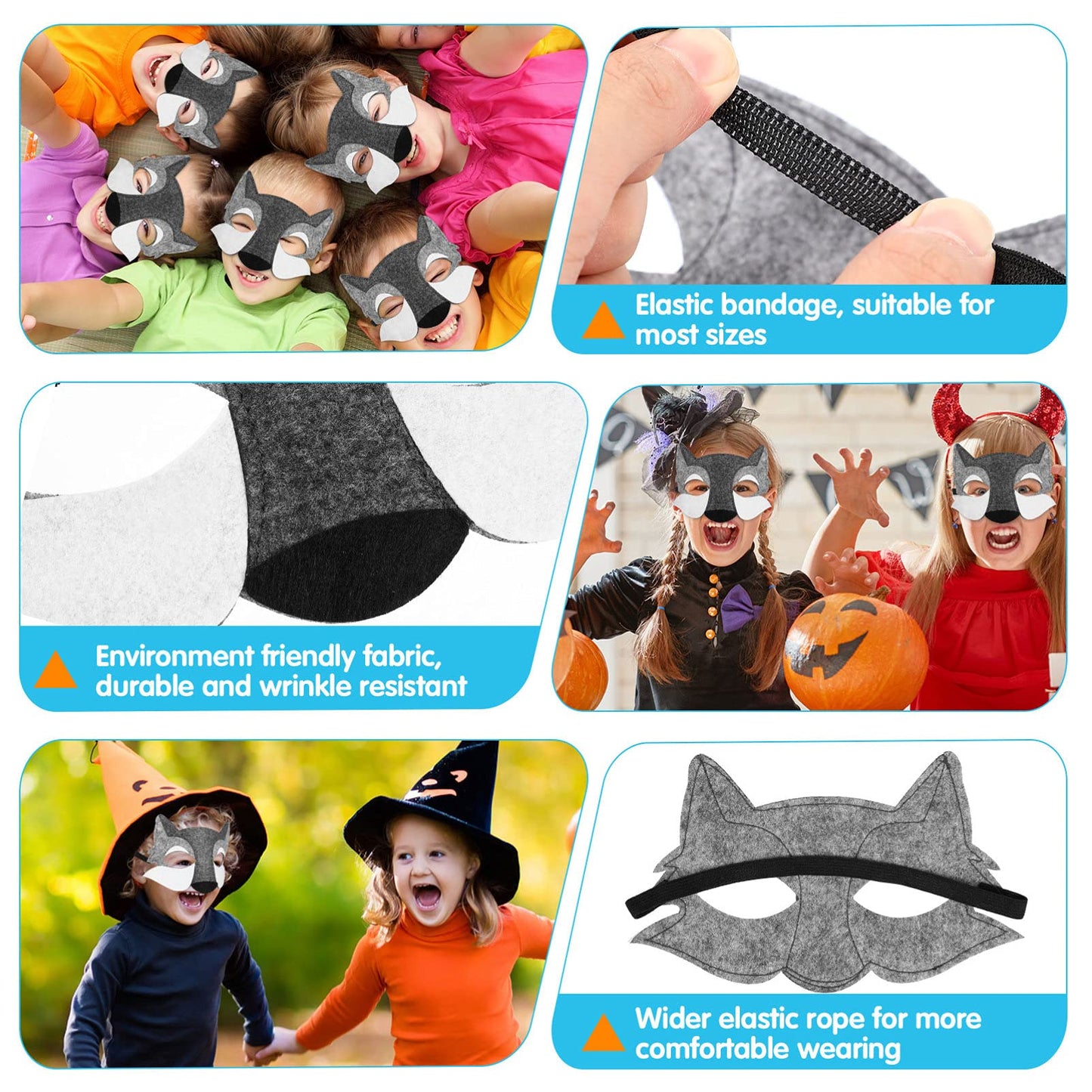 NUOBESTY 3PCS Wolf Mask Masquerade Animals Felt Half Face Mask for Kids Halloween Dress-up Party Supplies (Grey)