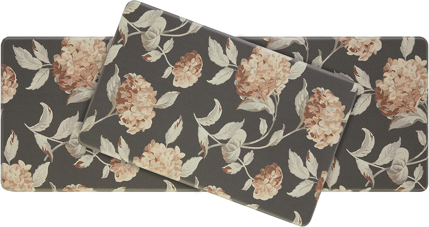 Laura Ashley – Anti-Fatigue Kitchen Mat Set | Hydrangea Floral Design | Stain, Water & Fade Resistant | Cooking & Standing Relief | Non-Slip Backing | Measures 17.5” x 48" and 17.5" x 28"|Grey / Rust