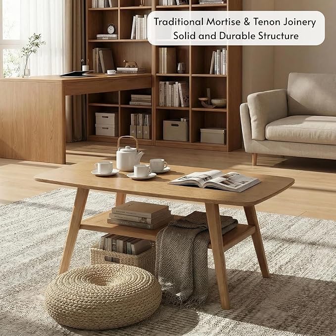 Hymus Wood Coffee Table - 100% Solid Wood- 2-Tier Coffee Table with Storage for Living Room, Eco-Friendly Finish, Easy Assembly (Natural, 31.49" D x 19.68" W x 17.32" H)