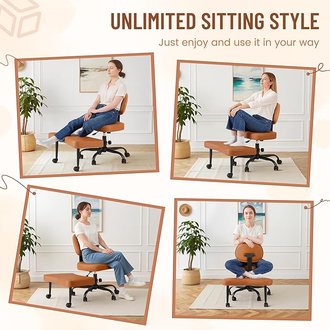 Homall Ergonomic Cross Legged Office Desk Chair with Wheels, 360° Swivel and Adjustable Height for Meditation and ADHD,Criss Cross Kneeling Chair with Lumbar Support (Leather, Brown)