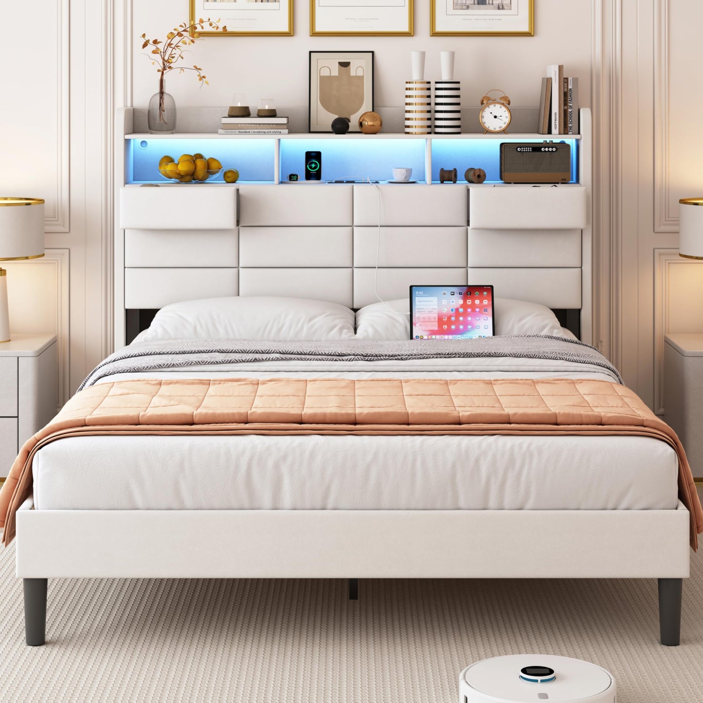 Etditrnp LED Bed Frame Queen Size with Storage Headboard, 2 Hidden Drawers and Charging Station, Velvet Bed Frames with Led Lights, Wooden Slats Support, Easy Assembly, No Box Spring Needed, Beige