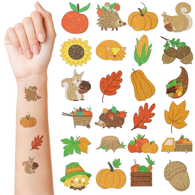 Landhoow 240 Pcs Thanksgiving Tattoos Temporary Autumn Glitter Face Tattoos Cool Body Sticker Costume Accessory Tattoo Party Favor