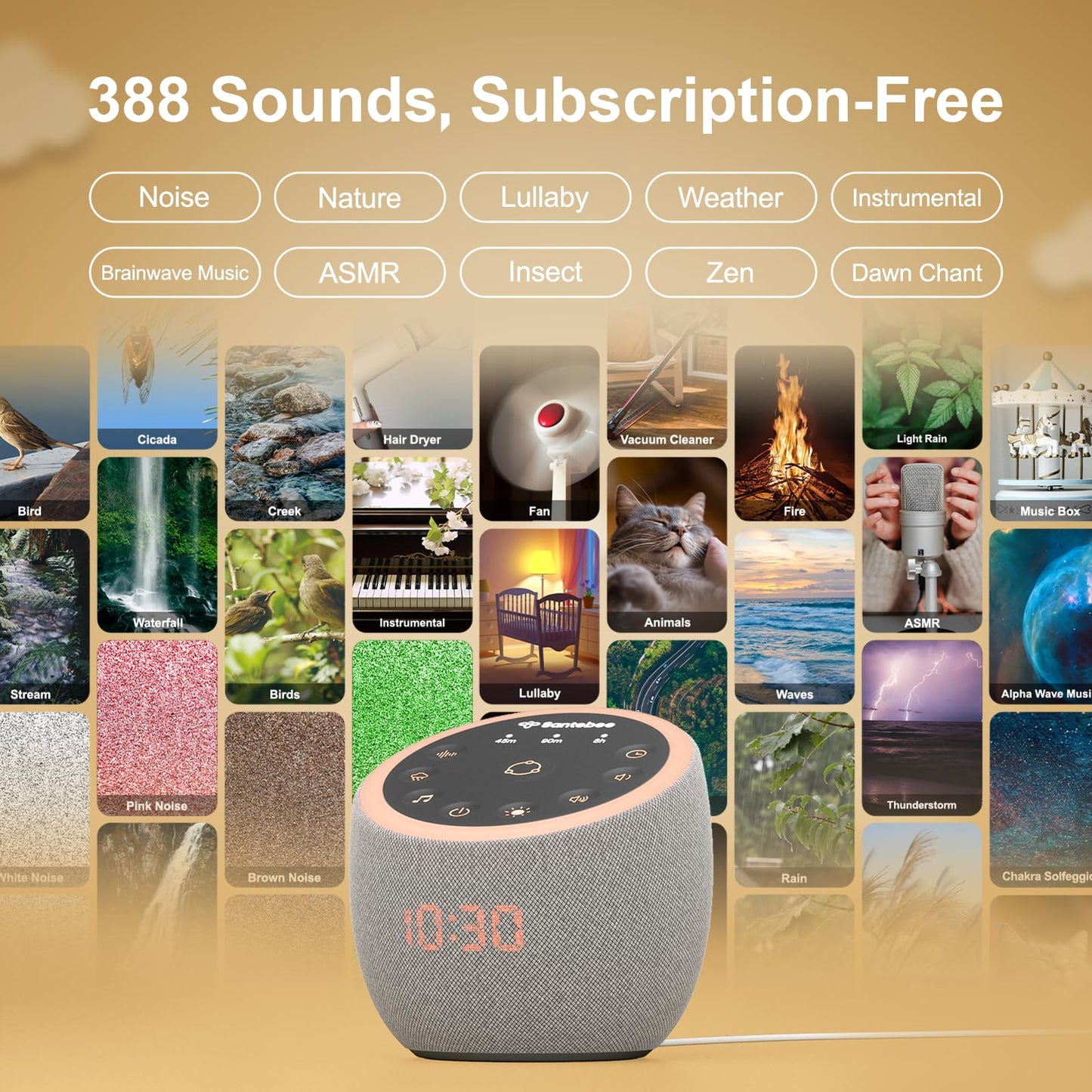 White Noise Sound Machine for Sleeping, 388 Soothing Sounds, Smart APP Control, Custom Buttons, Non Looping Natural Sounds, Bedside Dimmable Clock, Night Light, Santebee for Adults Baby Kids Lullaby