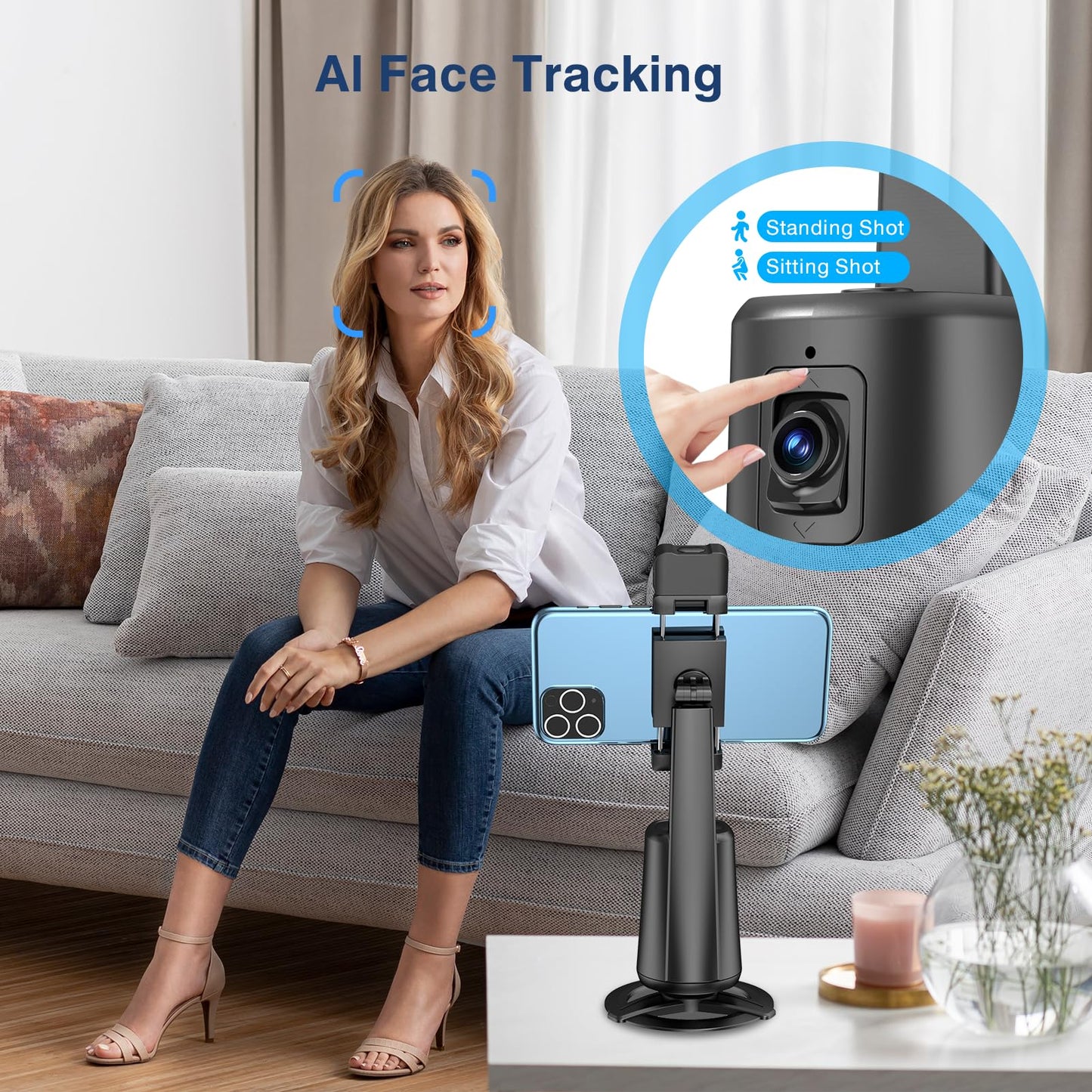 Auto Face Tracking Tripod 360° Rotating Cell Phone Photo and Video Kits Stand, No App, Camera Stand with Remote and Gesture Control, Rechargeable Smart Shooting Stand for Live Recording Tiktok（Black）