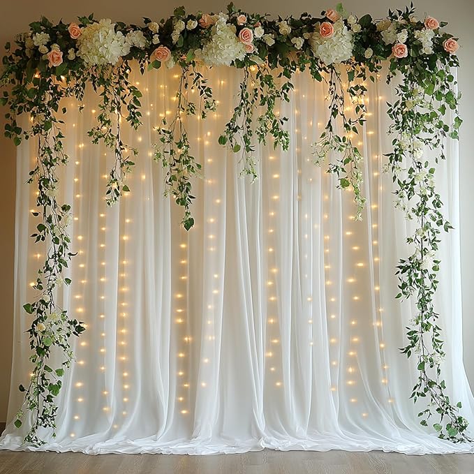 HOLITS Tulle Curtain Backdrop with 300 LED Fairy Lights for Parites Wrinkle-Free Sheer Curtain Drapes Photo Back Drop for ...