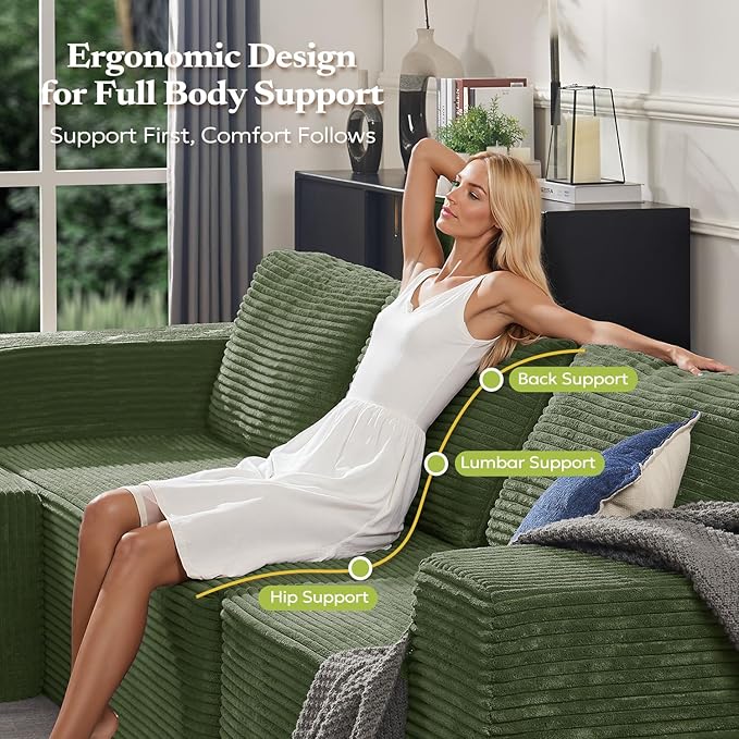 Furnify 67" Loveseat Sofa, Cloud Modular Couch, Upholstered Floor Sofa with Deep Seat, Upholstered Foam Sofa for Bedroom Living Room, No Assembly Required (Green, Plush Corduroy Fabric)