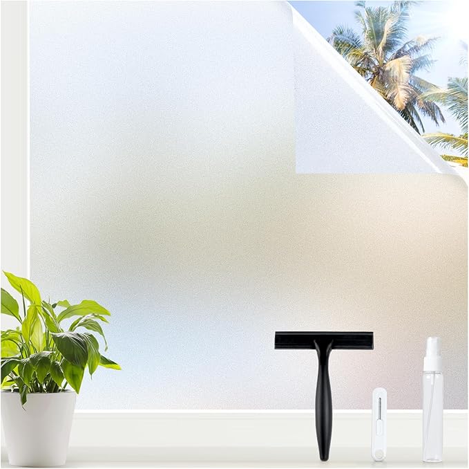 rabbitgoo Window Privacy Film for Glass Windows with Kit Decorative Clings UV Blocking Heat Control Static Cling Removable Bathroom Bedroom Door Home Coverings Pure, 35.4 x 157.4 inches