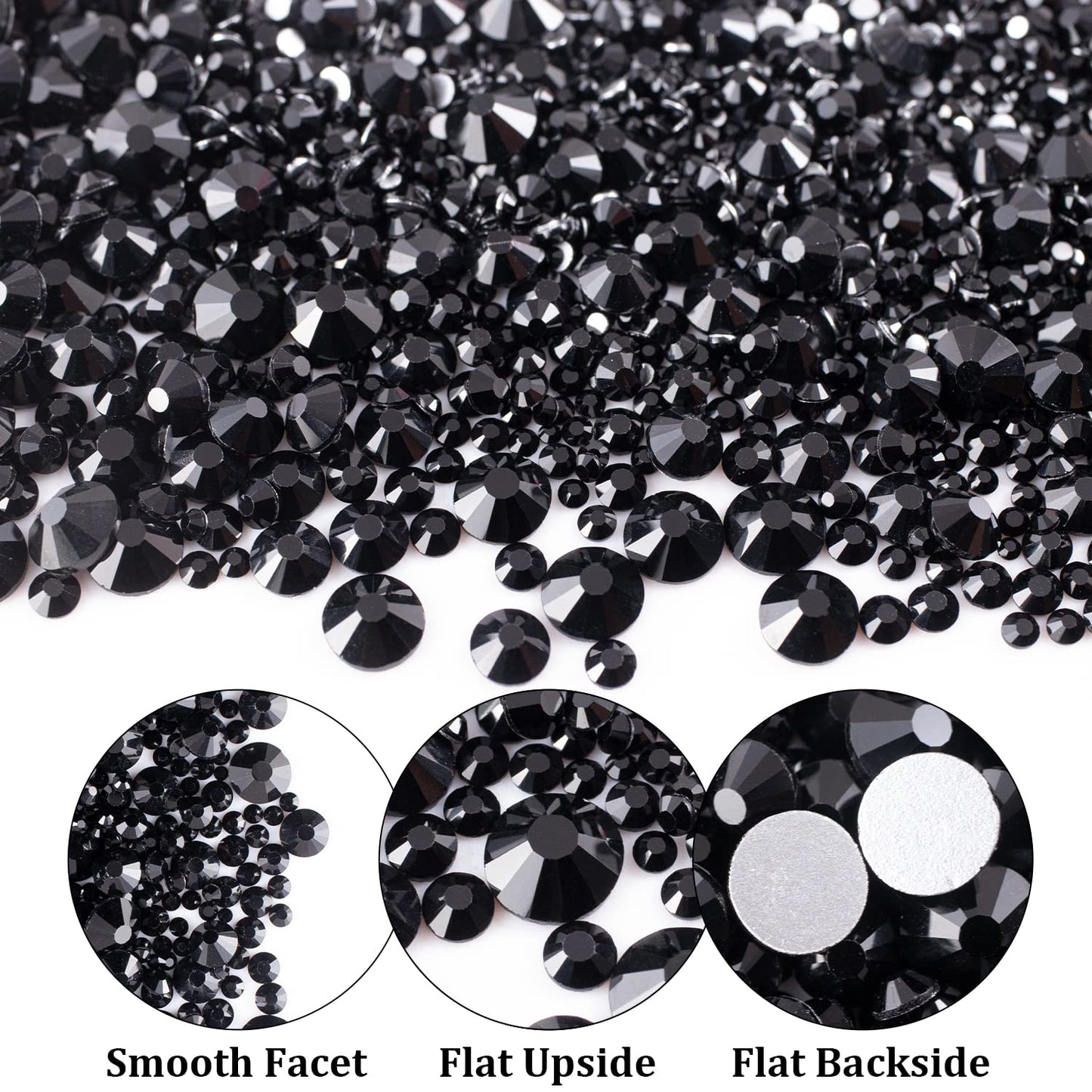 One Pack 2000 Pcs of Flatback Round Black Rhinestones 6 Sizes (1.5-6 mm) with Nail Art Rhinestone Picker Pencil and Tweezers for