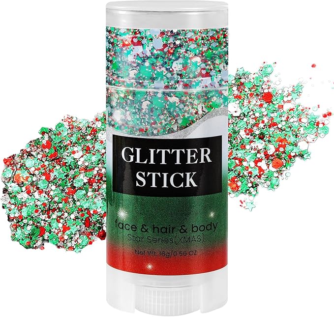 Mysense Christmas Glitter Stick for Face Hair Body, Red Silver Green Chunky Sparkling Glitter Makeup, Christmas Party Cost...