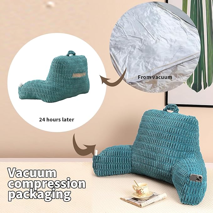PAJEO Reading Pillow for Sitting in Bed, Large Backrest Reading Pillow with Arm Rest,Back-Rest Support Cushion for Sit Up on Couch, Sofa, and Floor, Dorm Essentials (Dark Green Corduroy, Large(19"))