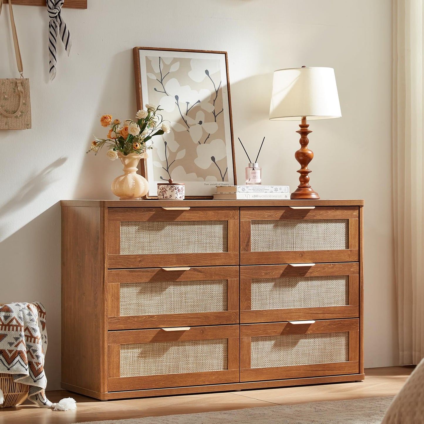 LEYAOYAO Rattan Dresser and Nightstand Set of 2, Boho Wood Dresser for Bedroom with 6 Drawers and Night Stand with Charging Station, Bedroom Furniture, Dressers & Chests of Drawers,Living Room,Hallway
