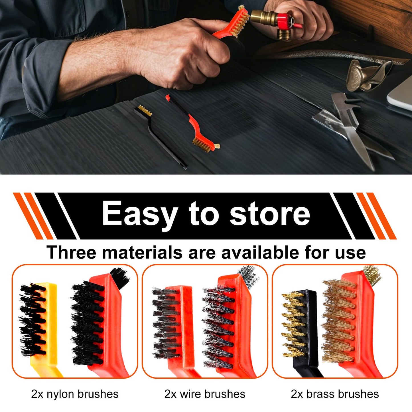 Wire Brush Set, 6 Pcs Professional Wire Brushes for Cleaning Rust, Stainless Steel/Brass/Nylon Brushes, Small Wire Brush with Arc-shaped Handle, Used for Rust Removal, Dirt Removal & Cleaning Crevices