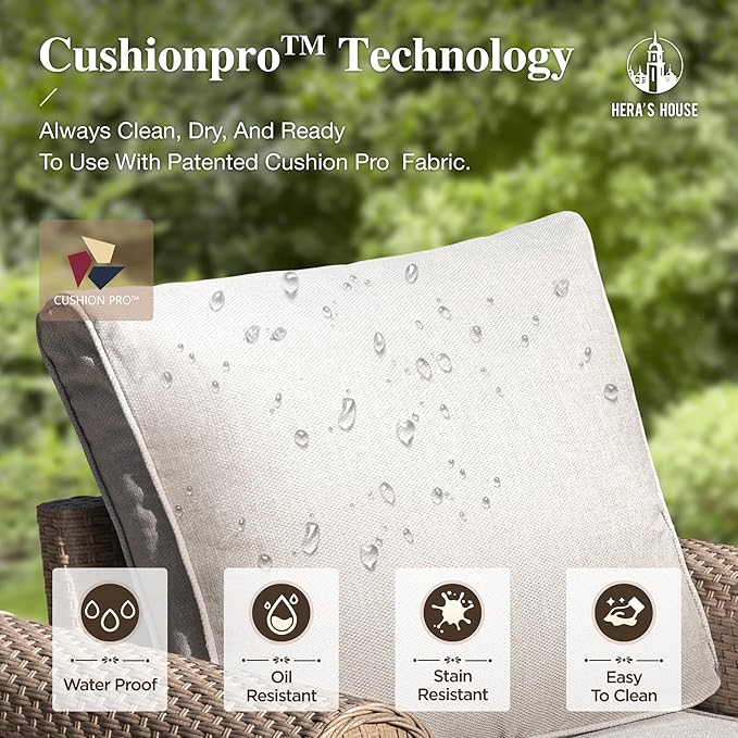 HERA'S HOUSE 8 Pieces Patio Furniture Set, All Weather 9 Seats Outdoor Wicker Sofa with Ottomans, Rattan Patio Conversation Set with 5.5" Cushions and 57" Fire Pit Table, Beige