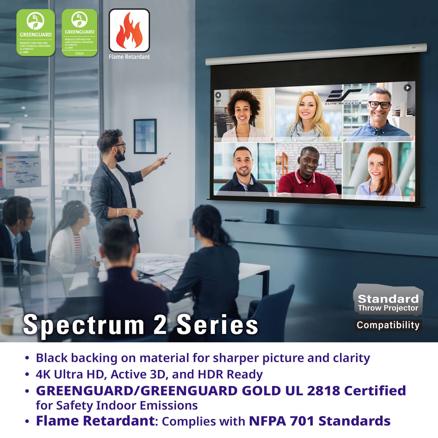 Elite Screens Spectrum2, 120-inch 16:9, 12-inch Drop, Electric Motorized Drop Down Projection Projector Screen, SPM120H-E12
