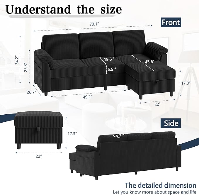 Meilocar Sectional Sofa Couch for Living Room, 79" Sectional Couches with Ottoman, L Shaped Couch with Armrests Side Storage Pockage, 3-Seat Sofa Couches for Apartment, Black